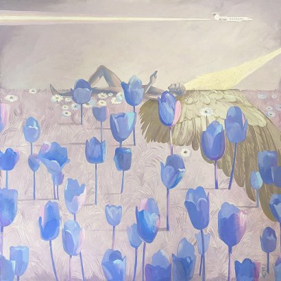 A Lullaby of Blue Tulips. 110x110 cm.